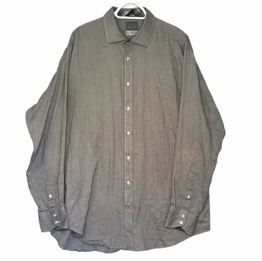 Thomas Dean XXL Purple Green Herringbone Patterned Long Sleeved Dress Sh…